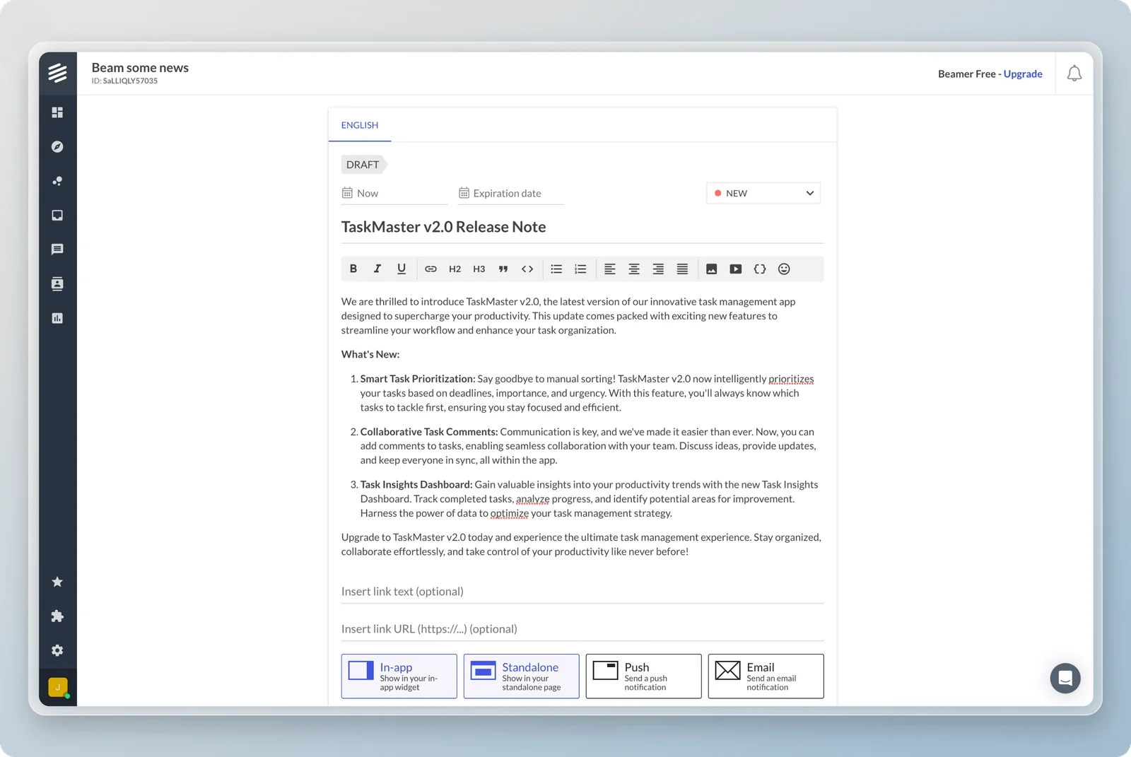 Beamer in-app product update feed