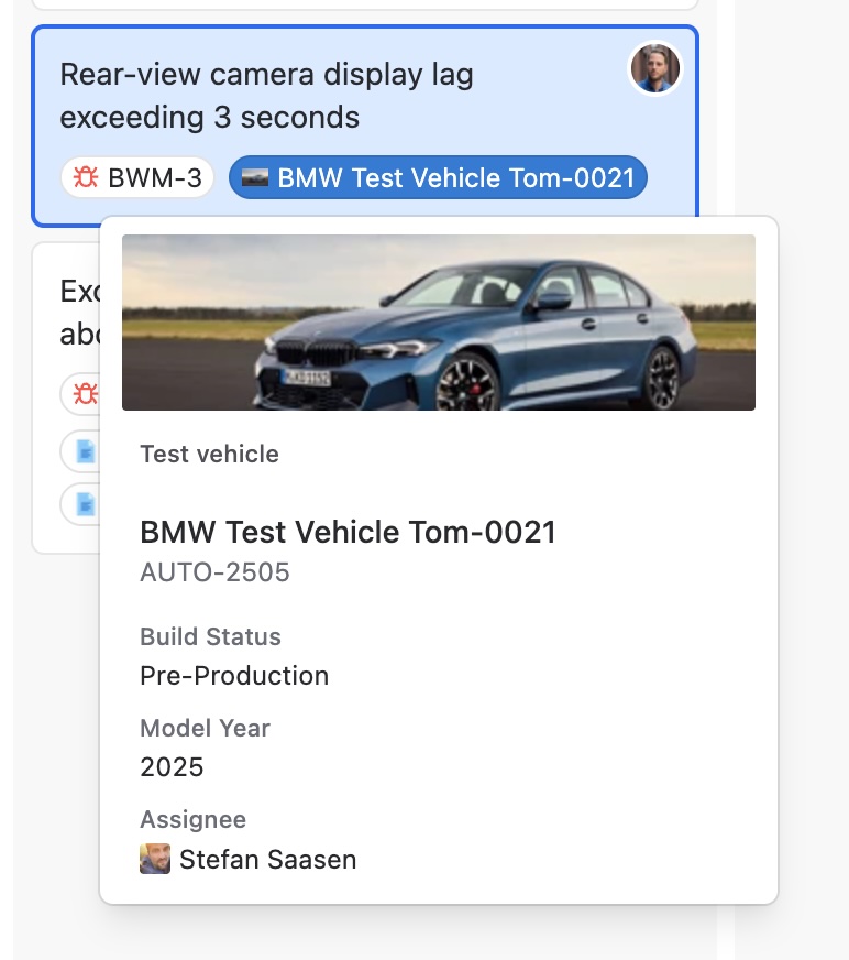 BetterBoard card with a Jira Assets tooltip for a BMW test vehicle