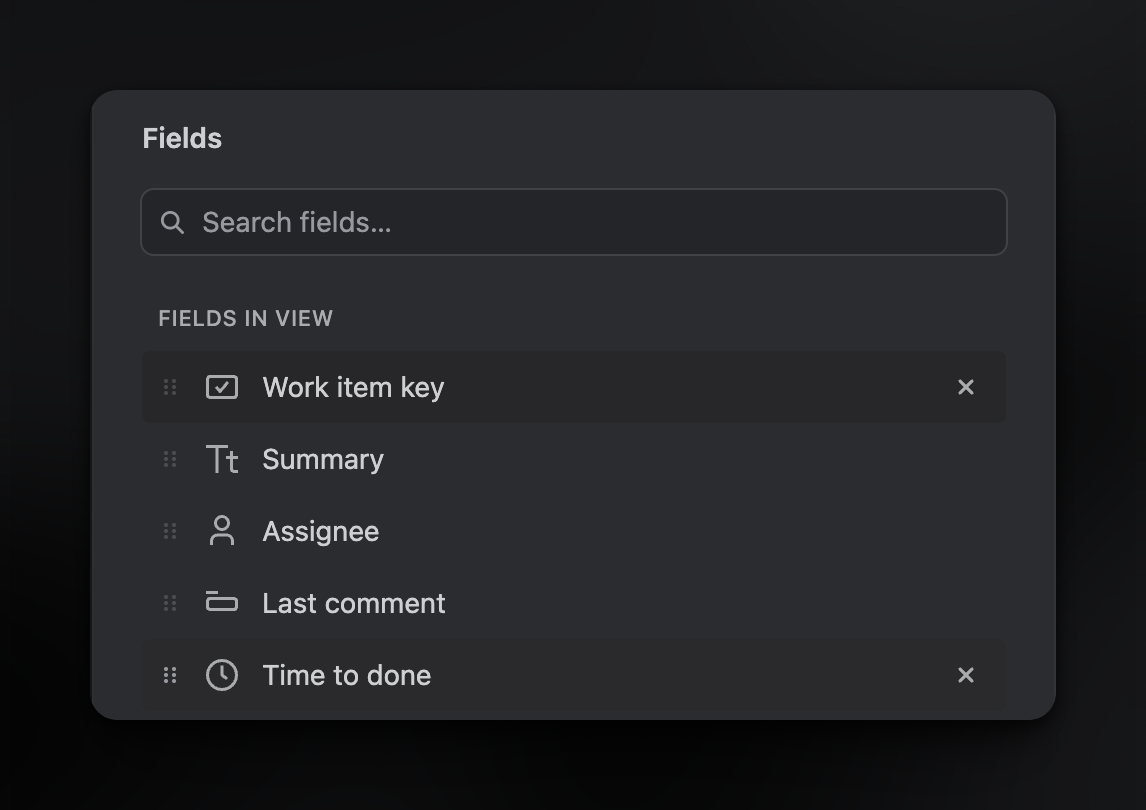 BetterBoard Fields panel showing Time to done among the fields in view