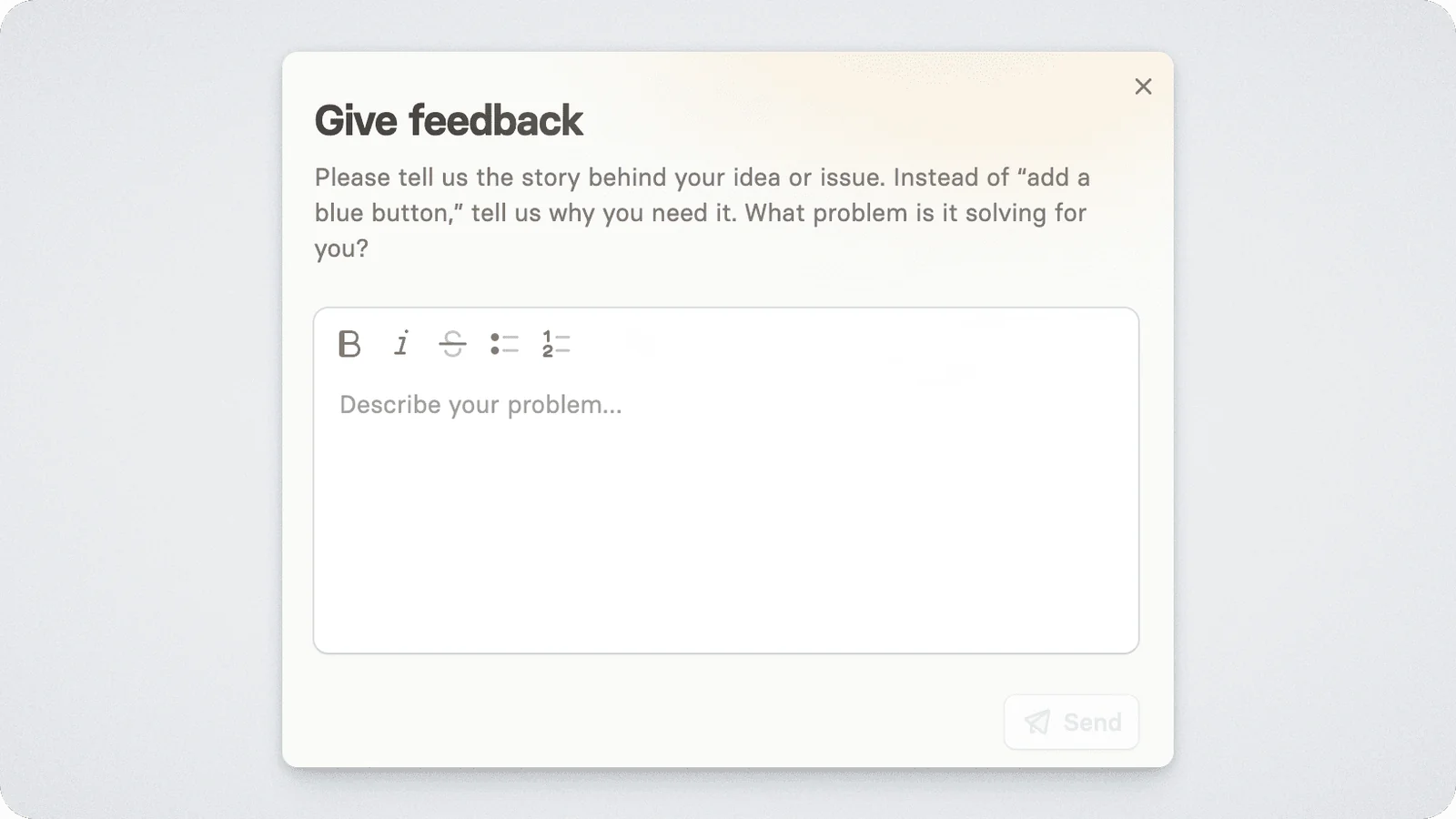 The Released Hub Give feedback form asking customers to describe their problem