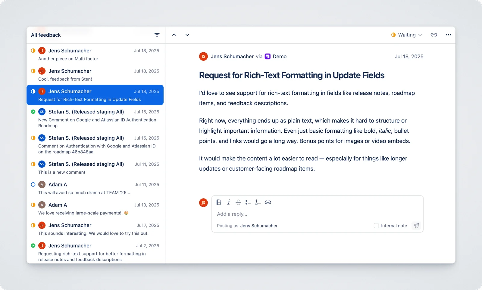 The Released Hub feedback inbox with a customer request and reply field