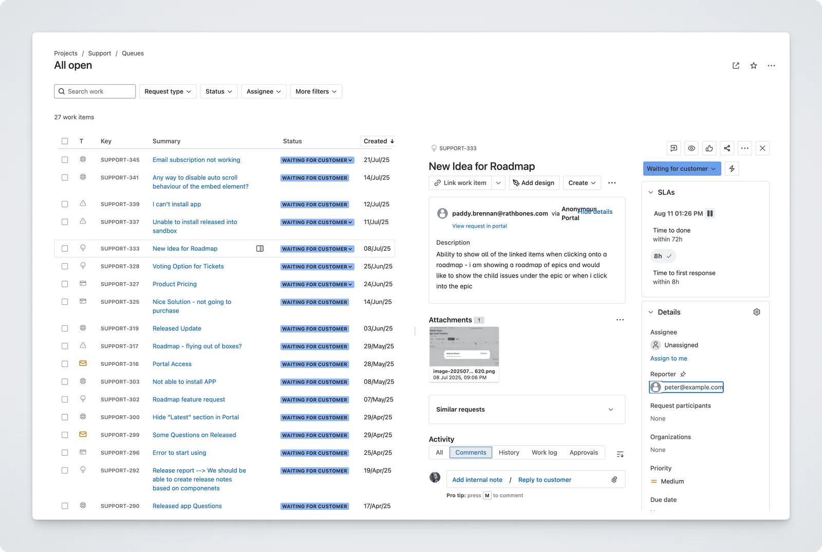 A customer idea in a Jira Service Management queue with status and reply controls