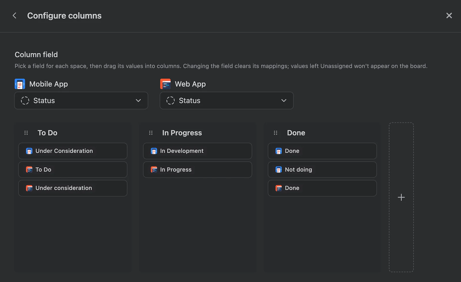 BetterBoard column settings mapping Mobile App and Web App workflow values into shared To do, In progress, and Done columns