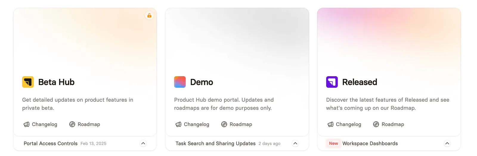 Three branded product hubs with changelog and roadmap links