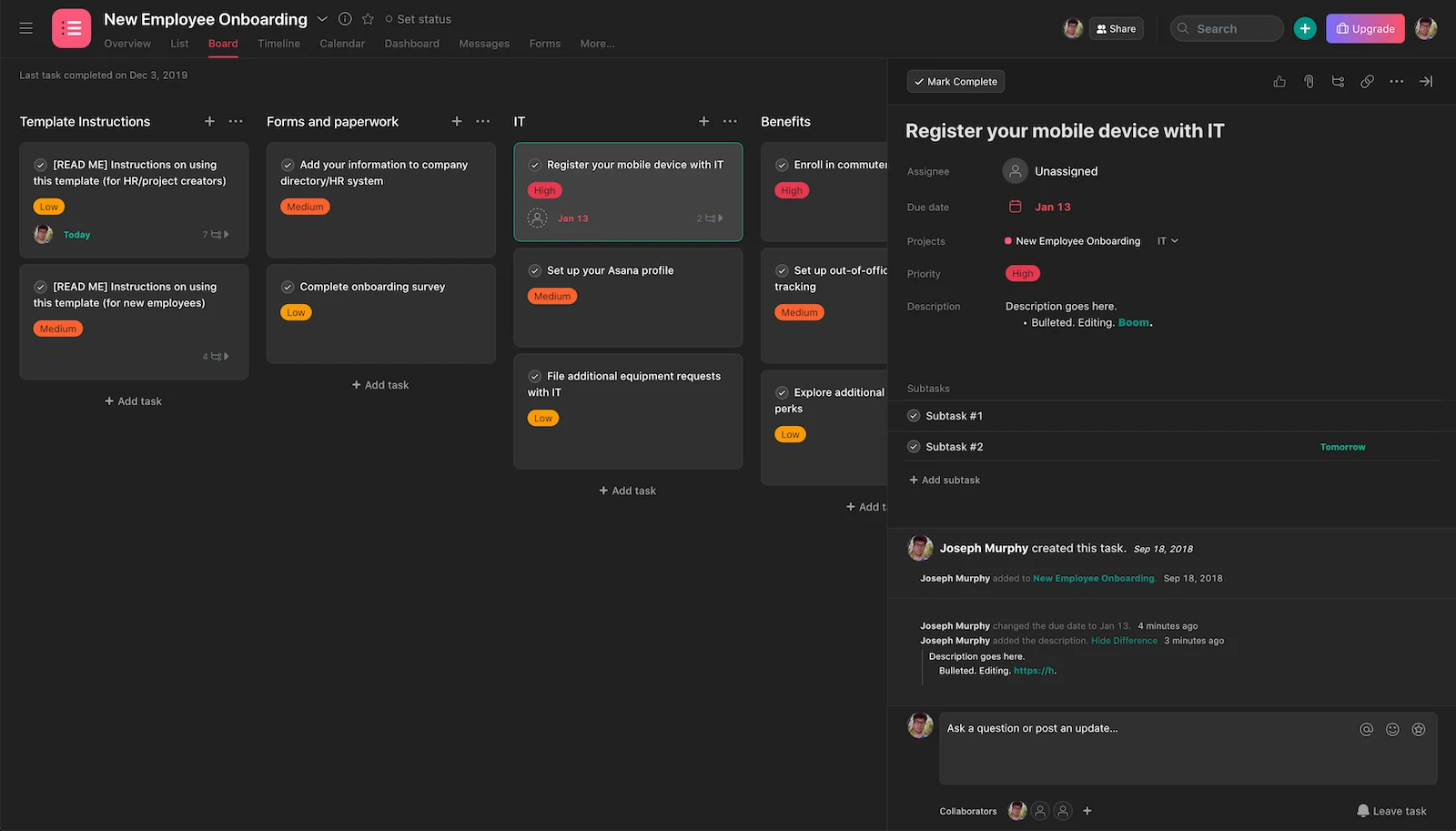Asana board for employee onboarding with task details open