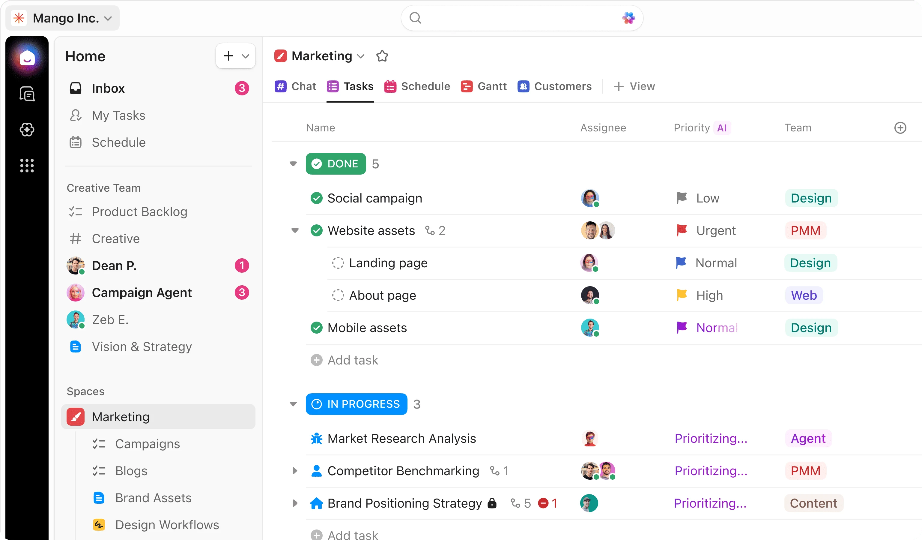 ClickUp marketing workspace with tasks, chat, schedule, Gantt, and customer views