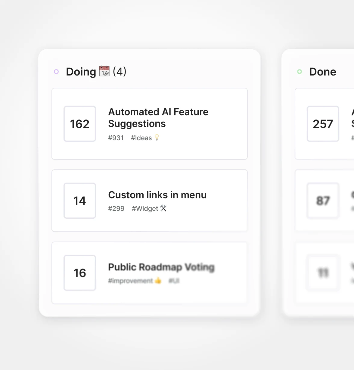 Frill public roadmap with feature cards grouped by status