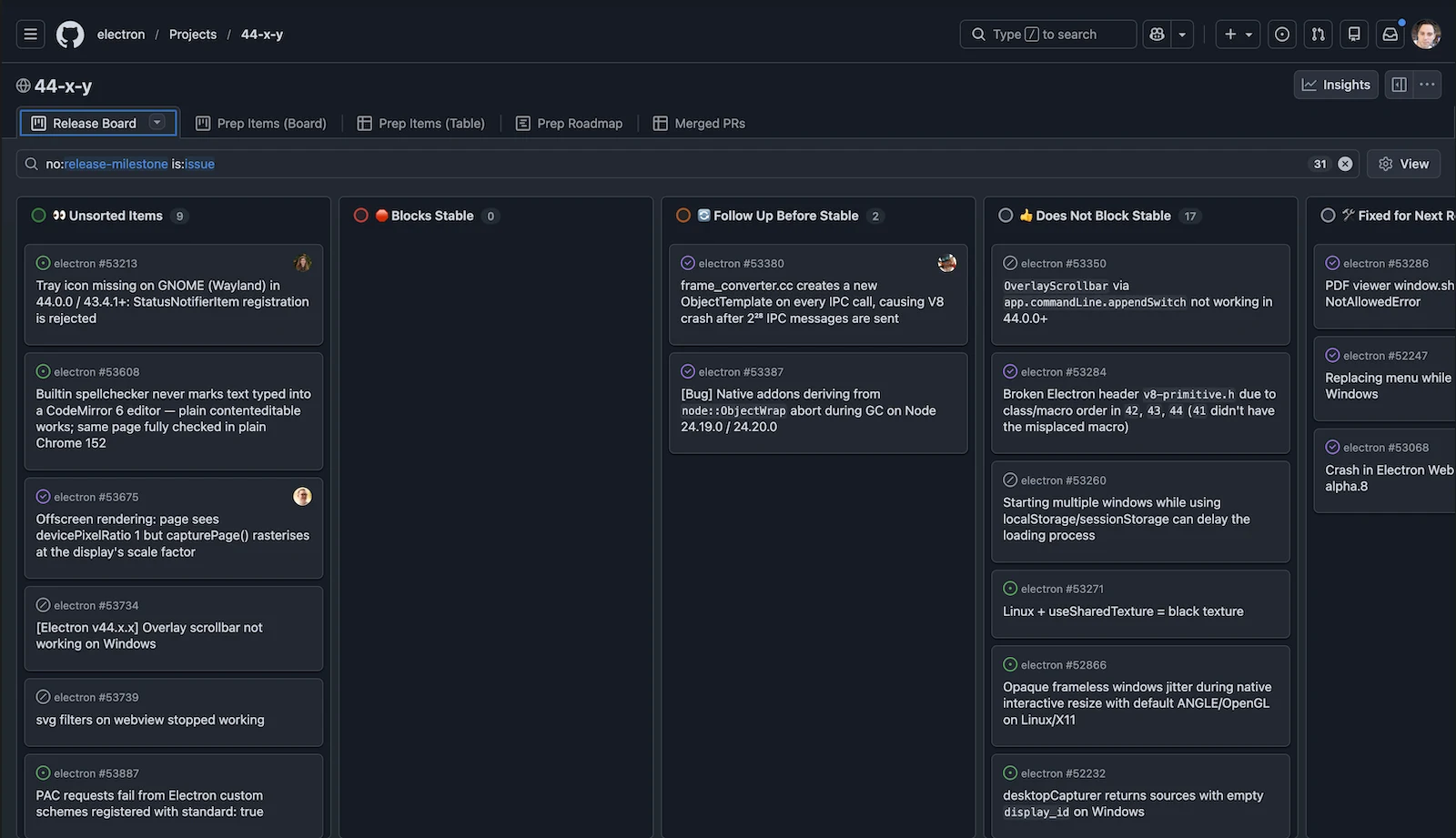GitHub Projects release board organising repository issues across workflow columns
