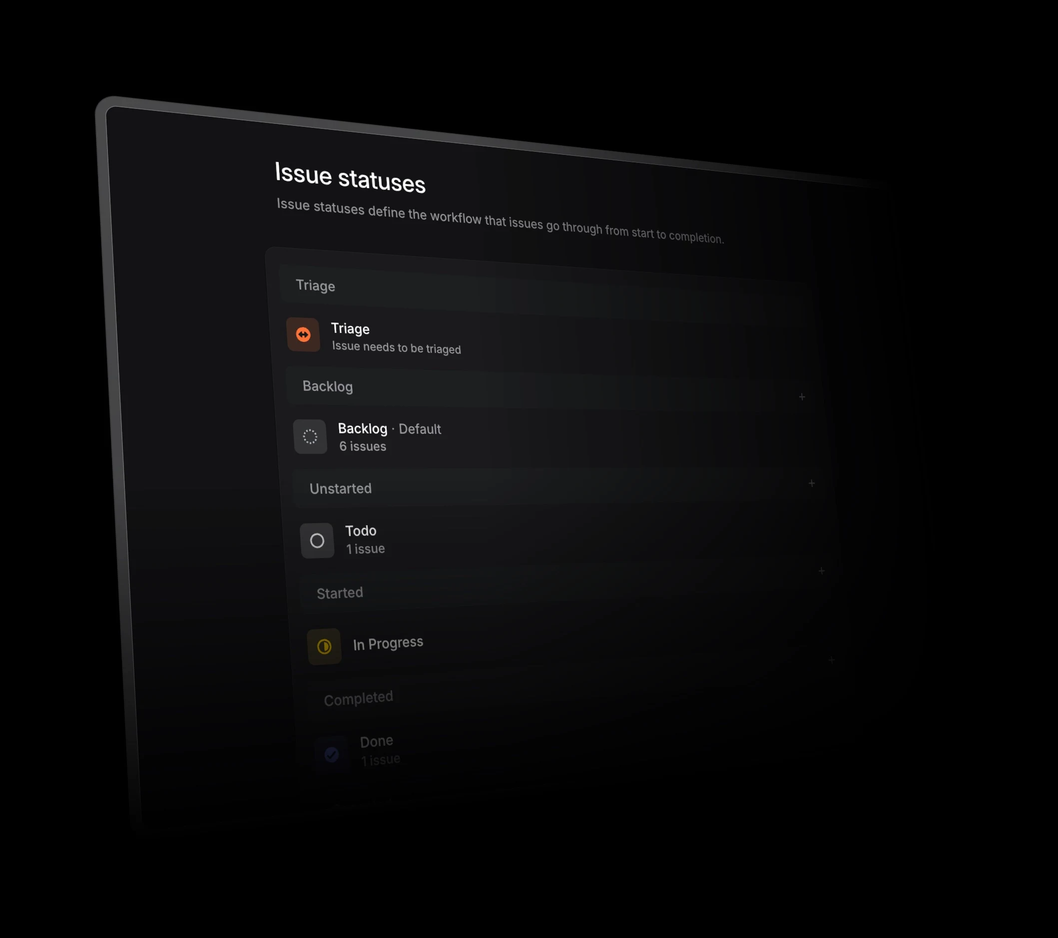 Linear issue status settings with a short standardised workflow
