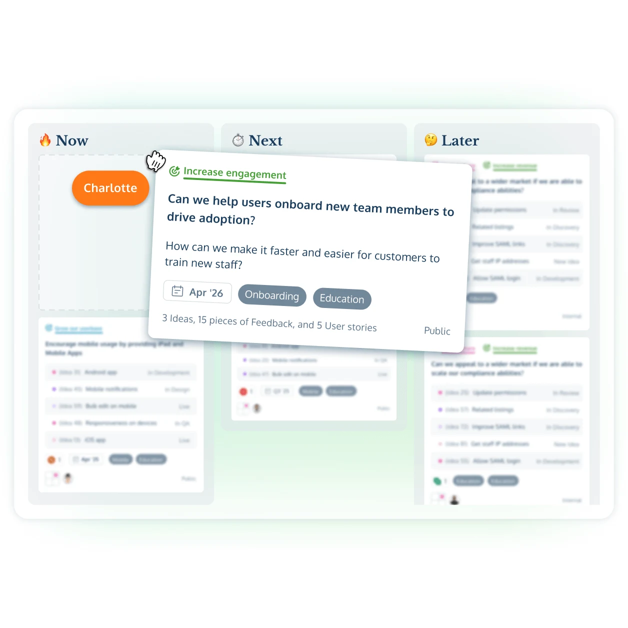 ProdPad now, next, later roadmap with an initiative card