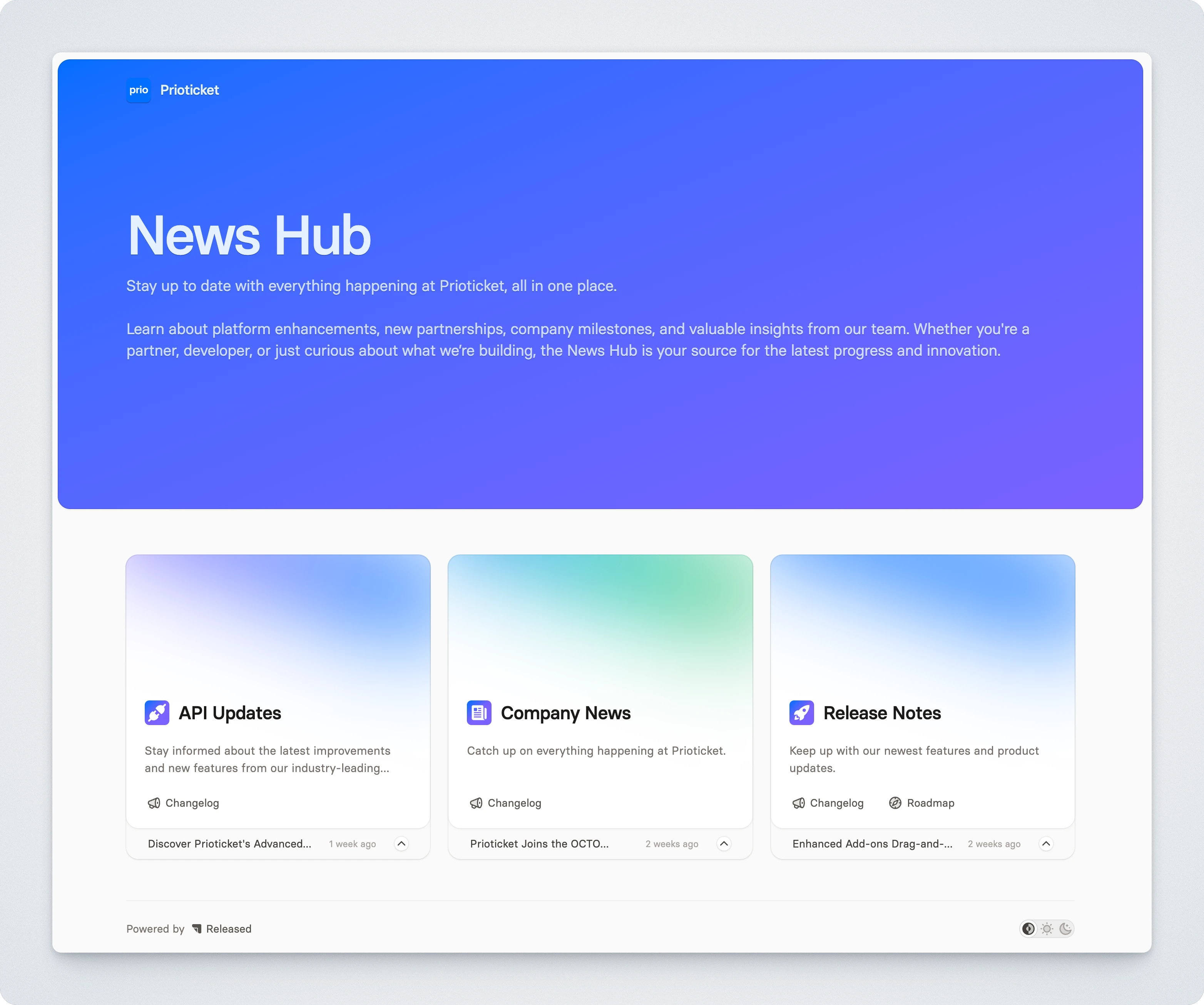 Prioticket News Hub showing API updates, company news, and release notes