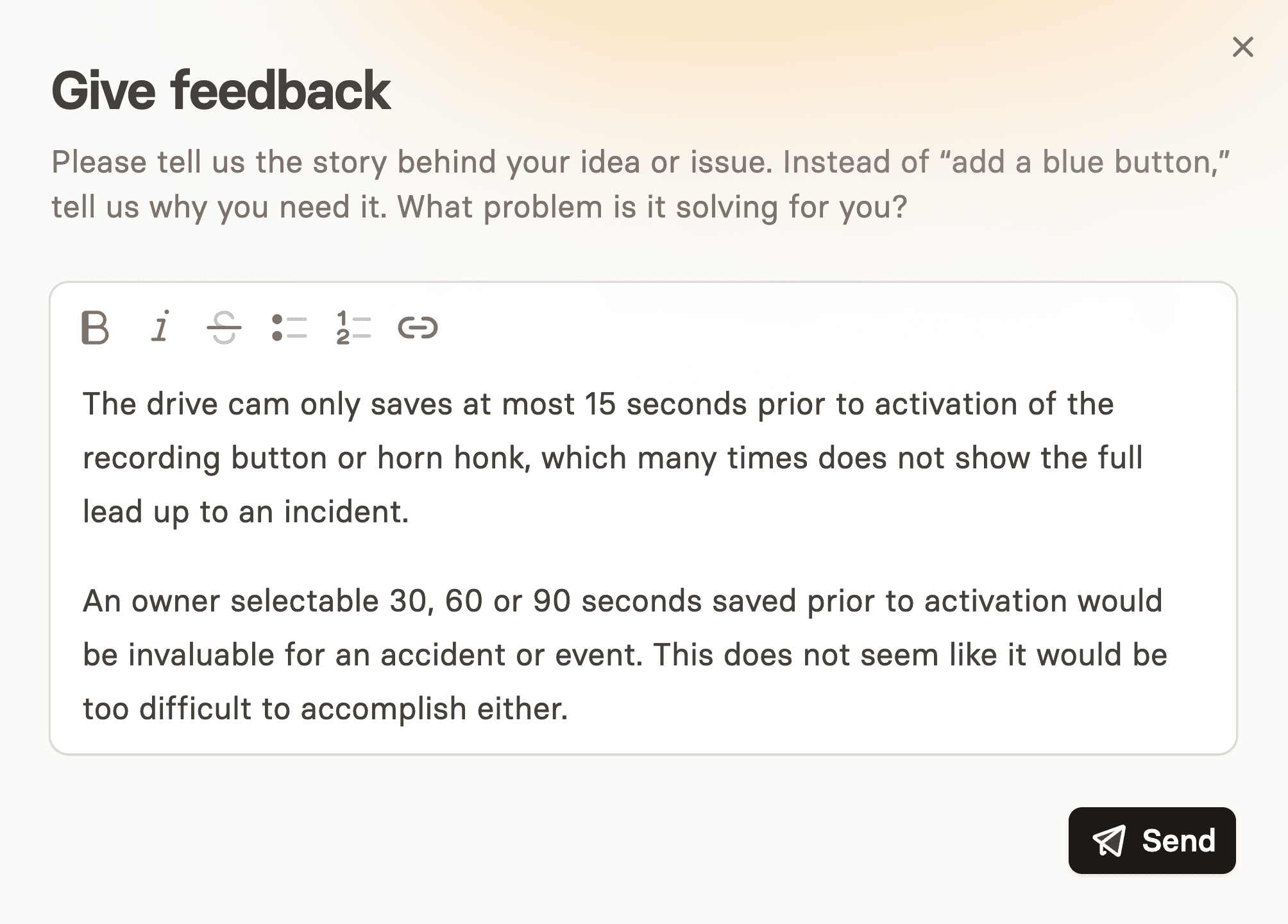 A free-form customer feedback submission