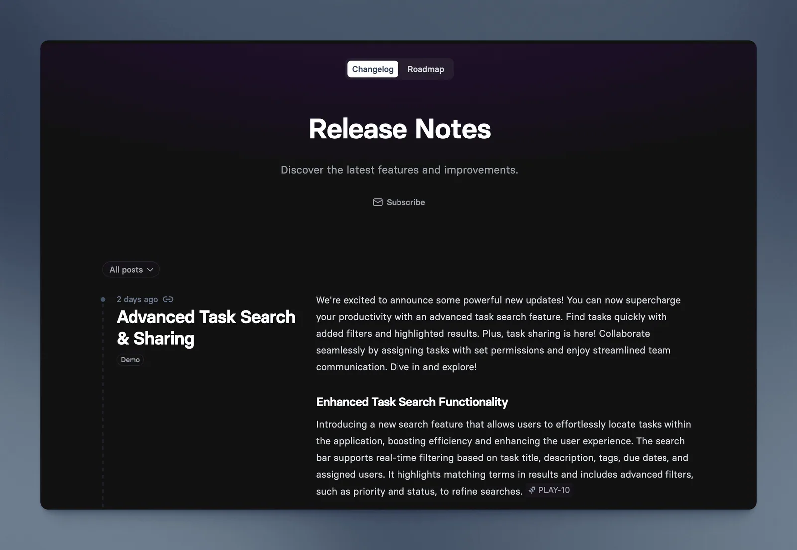A published Hub changelog in dark mode with a detailed update linked back to Jira