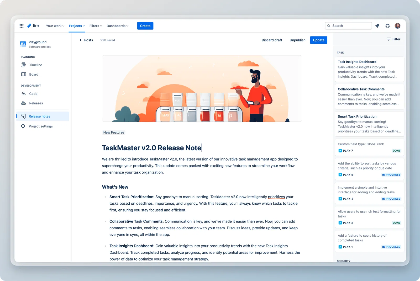 Hub release-note editor inside Jira, with completed issues ready to turn into an update