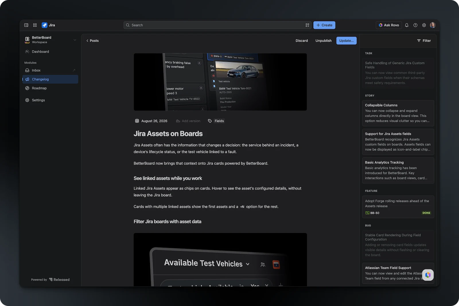Hub release-note editor inside Jira, with completed issues ready to turn into an update