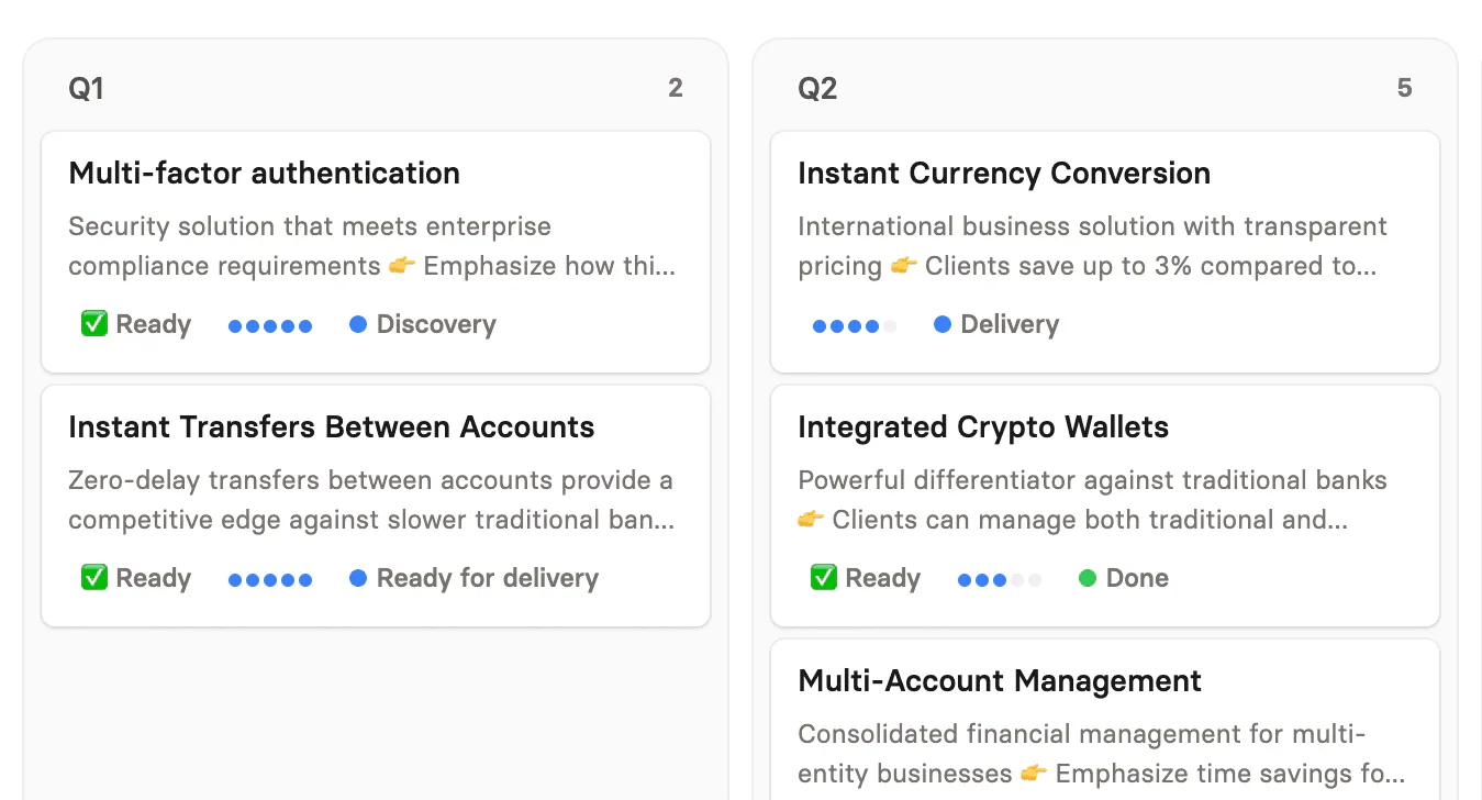 A Hub board roadmap with Jira ideas grouped into quarterly columns