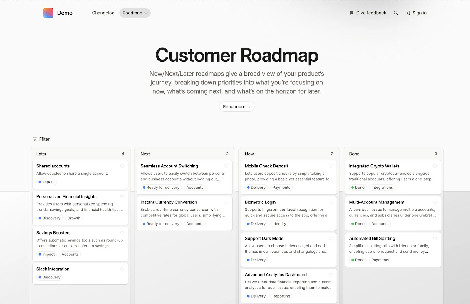 Demo customer roadmap in Released Hub with Later, Next, Now, and Done columns and a Give feedback action