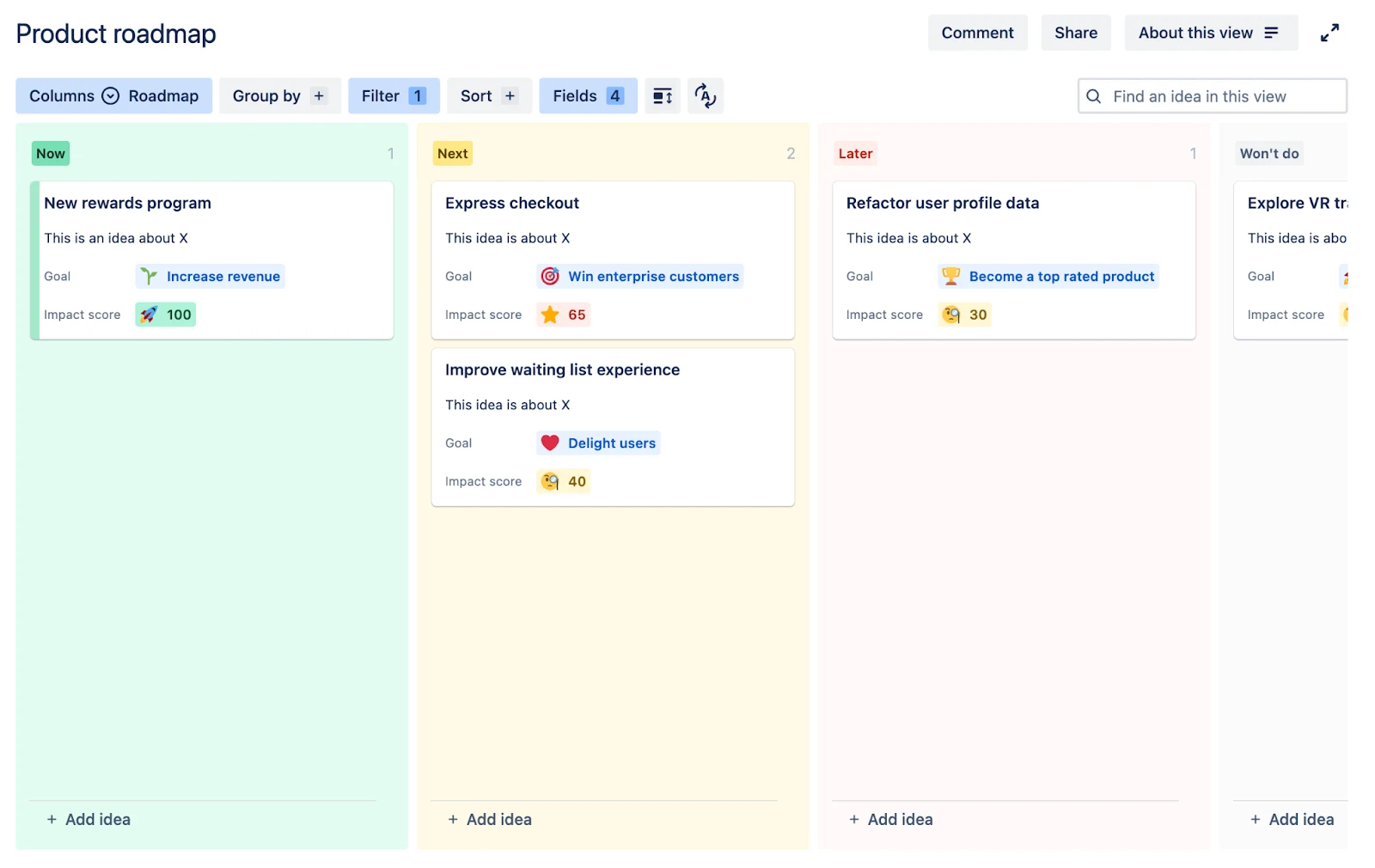 Jira Product Discovery board organised by Now, Next, Later, and Won't do
