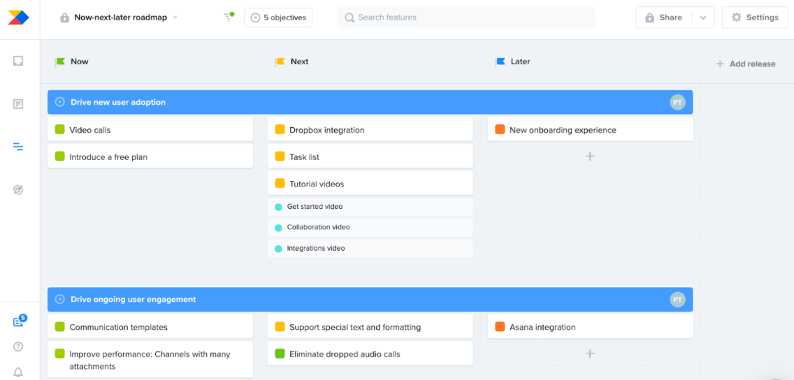 Productboard Now-next-later roadmap board