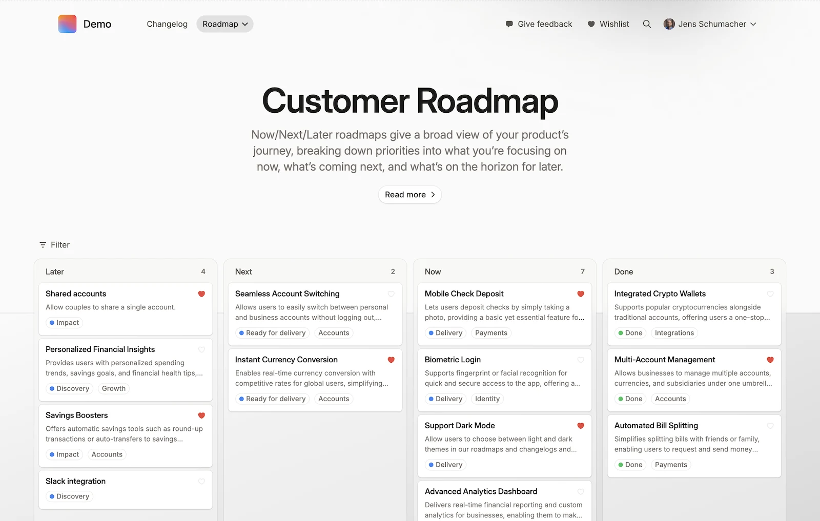 Released Hub customer roadmap with Later, Next, Now, and Done columns